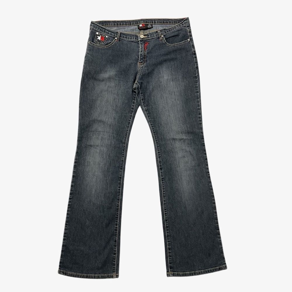Mecca Femme Low Rise Boot Cut Jeans Size 13/14 Dark Blue Black Denim Embroidered